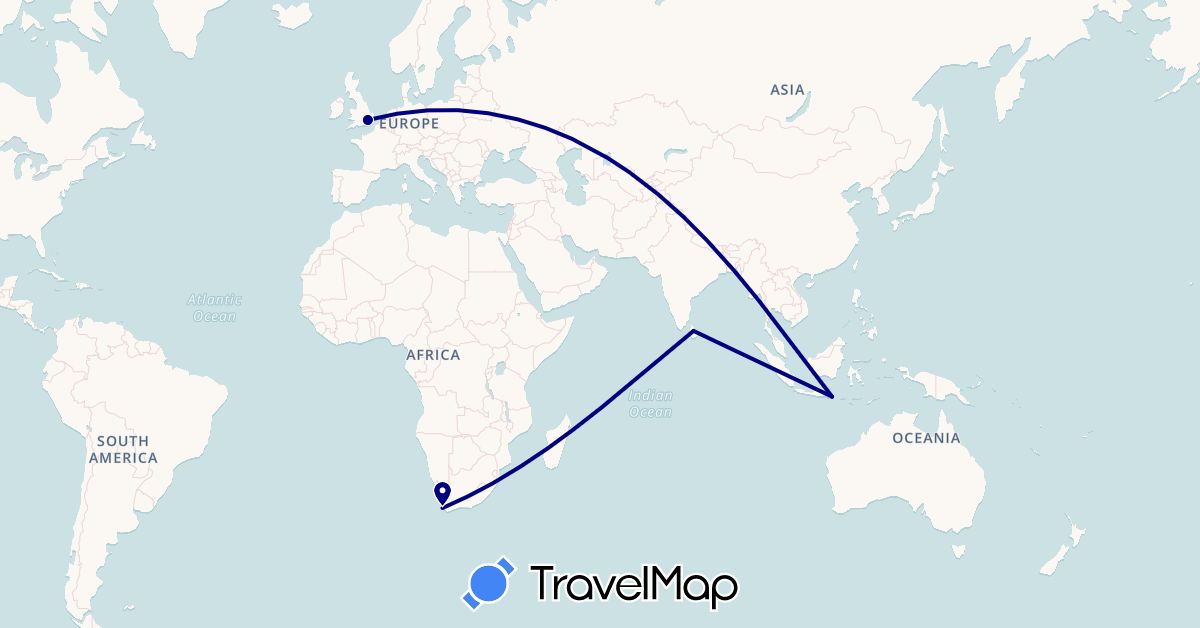 TravelMap itinerary: driving in United Kingdom, Indonesia, Sri Lanka, South Africa (Africa, Asia, Europe)